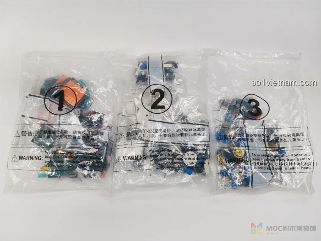 Các túi linh kiện được đánh số 1, 2, 3 của bộ lắp ráp JAKI JK8501 Tên lửa Bình Minh số 5, giúp phân loại dễ dàng.