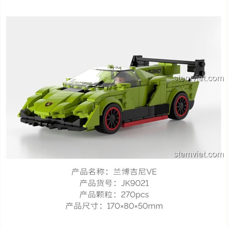 Mô hình lắp ráp JAKI JK9021 Xe Lamborghini VE Kéo Lùi màu xanh lá, chi tiết sắc nét, kích thước mô hình 17x8x5 cm, đồ chơi sáng tạo cho bé trai.