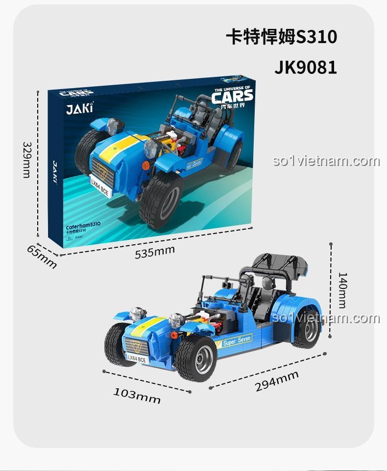 Kích thước thực tế mô hình xe Caterham Seven 310 JAKI JK9081, bộ lắp ráp xe thể thao cho bé trai 8 tuổi