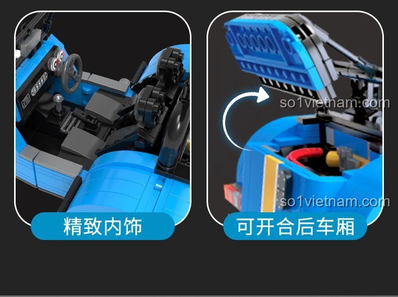 Nội thất chi tiết và khoang sau mở được của mô hình xe Caterham Seven 310 JAKI JK9081, bộ xếp hình chất lượng