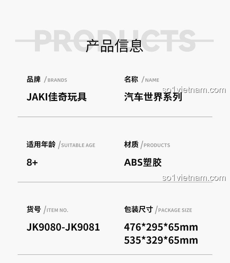 Thông tin chi tiết bộ lắp ráp JAKI JK9081 Caterham Seven 310, chất liệu ABS an toàn, độ tuổi 8+