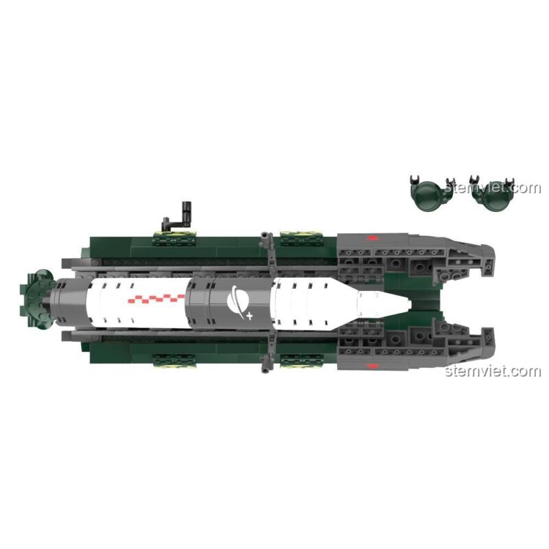 Cận cảnh Tàu Vận Chuyển Tên Lửa Hướng Dương JAKI JK9105 từ trên cao, cho thấy thiết kế chi tiết của tên lửa và xe vận tải quân sự.