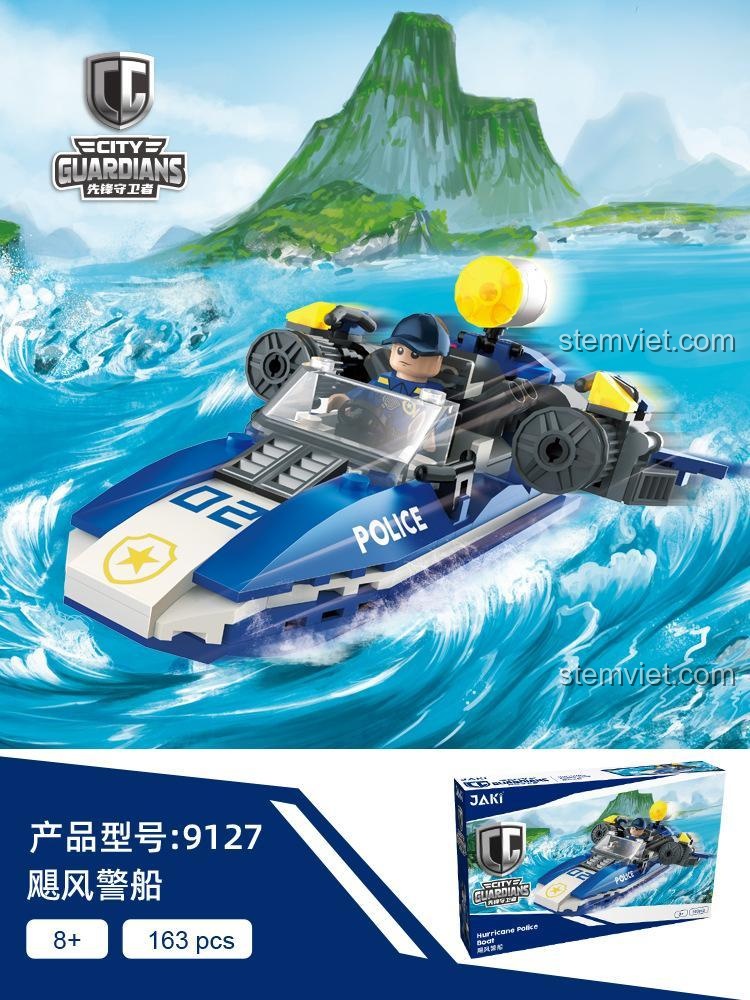 Hộp đồ chơi lắp ghép Tàu Cảnh Sát Bão Táp JAKI 9127, 163 chi tiết.
