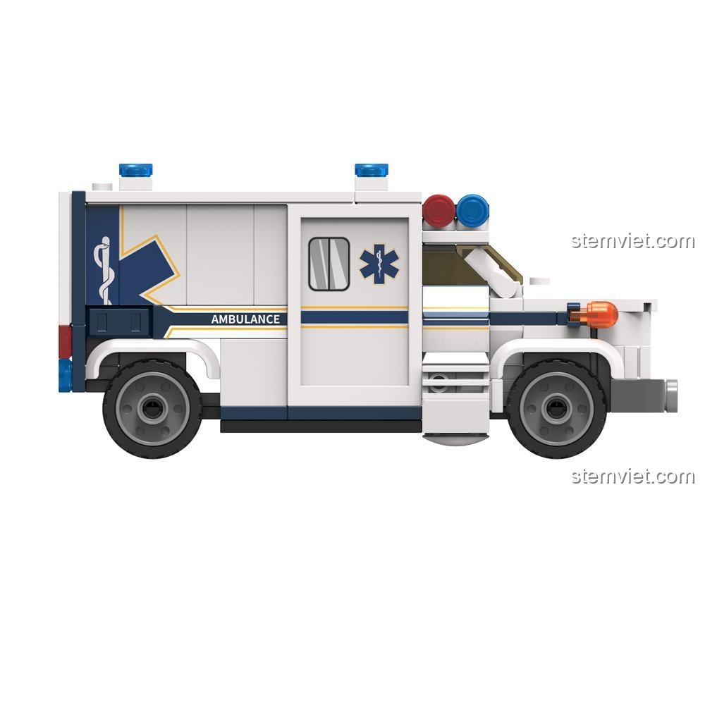 Mô hình Xe Cứu Thương JAKI JK9211 nhìn từ cạnh phải, đồ chơi mô hình xe cứu hộ thành phố, bộ lắp ghép JAKI JK9211.