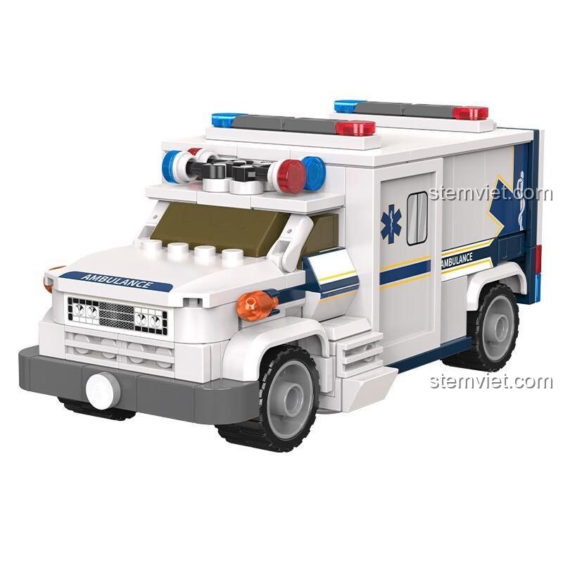 Mô hình Xe Cứu Thương JAKI JK9211 góc chéo, đồ chơi lắp ráp xe cứu hộ thành phố, bộ lắp ghép JAKI JK9211 cho bé trai 8 tuổi.