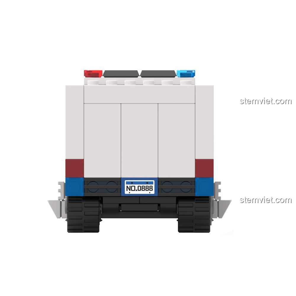 Mô hình Xe Cứu Thương JAKI JK9211 nhìn từ mặt sau, bộ lắp ghép xe cứu hộ thành phố, đồ chơi mô hình cho bé trai.