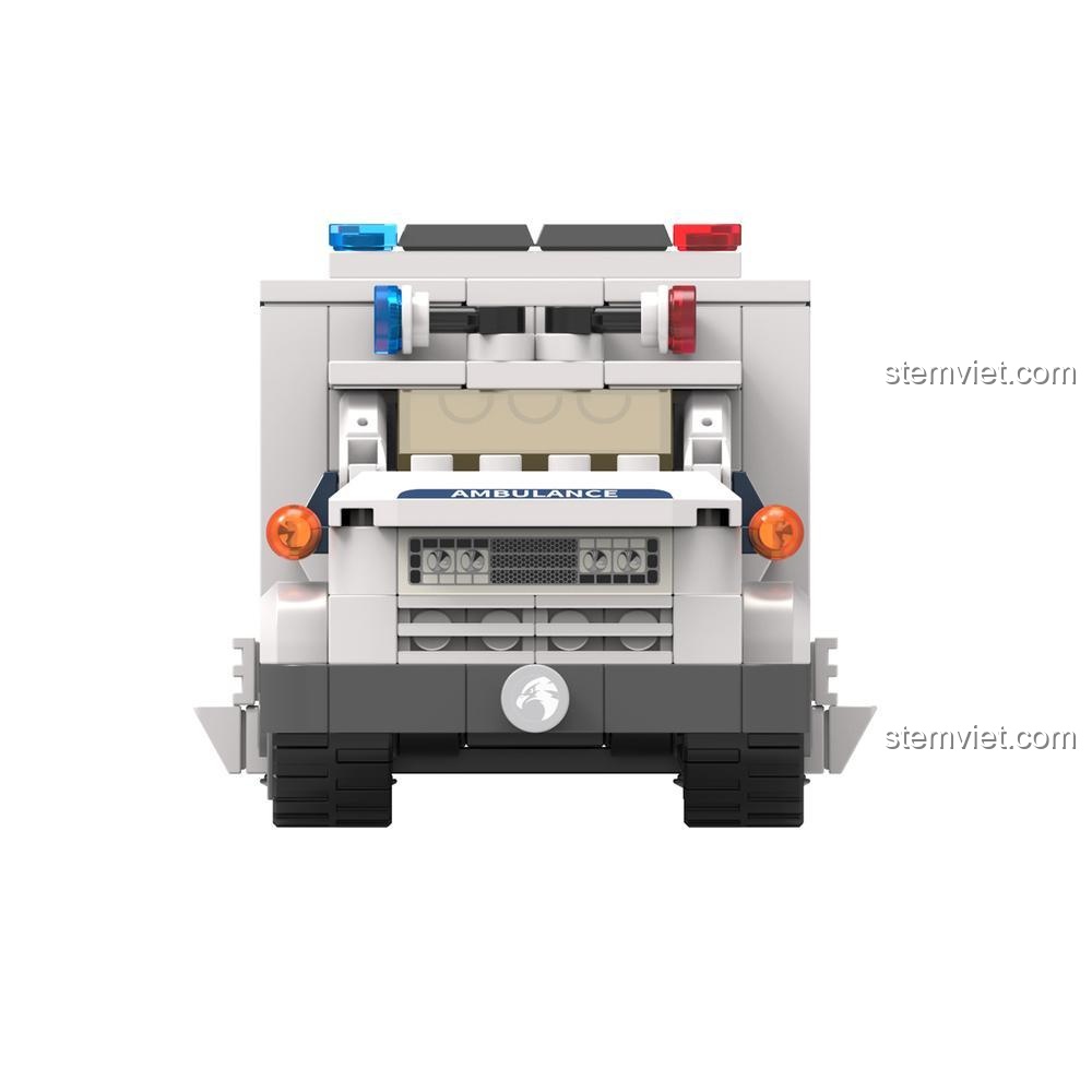 Mô hình Xe Cứu Thương JAKI JK9211 nhìn từ mặt trước, đồ chơi lắp ráp xe cấp cứu màu trắng, phù hợp bé trai 8 tuổi.