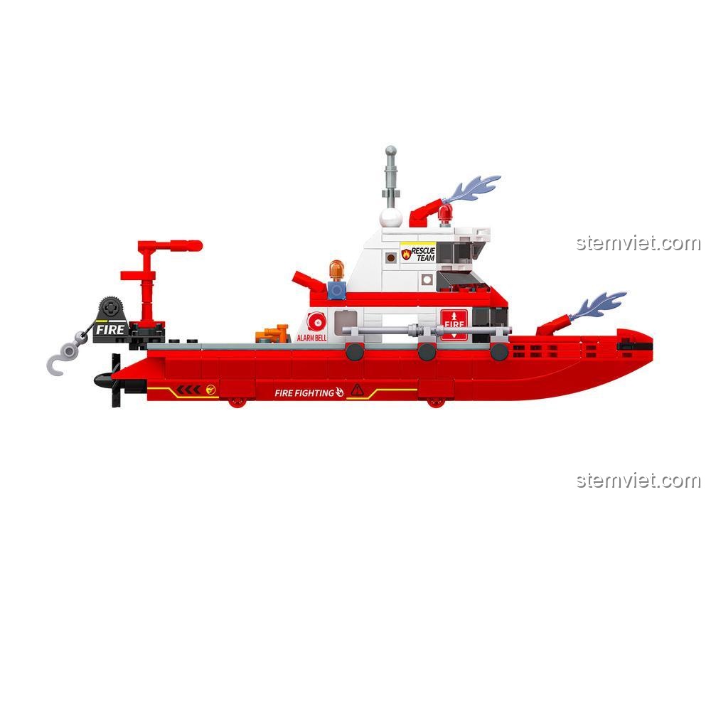 Tàu cứu hỏa JAKI JK9219, mô hình tàu cứu hỏa JAKI, nhìn từ bên hông, có vòi phun nước