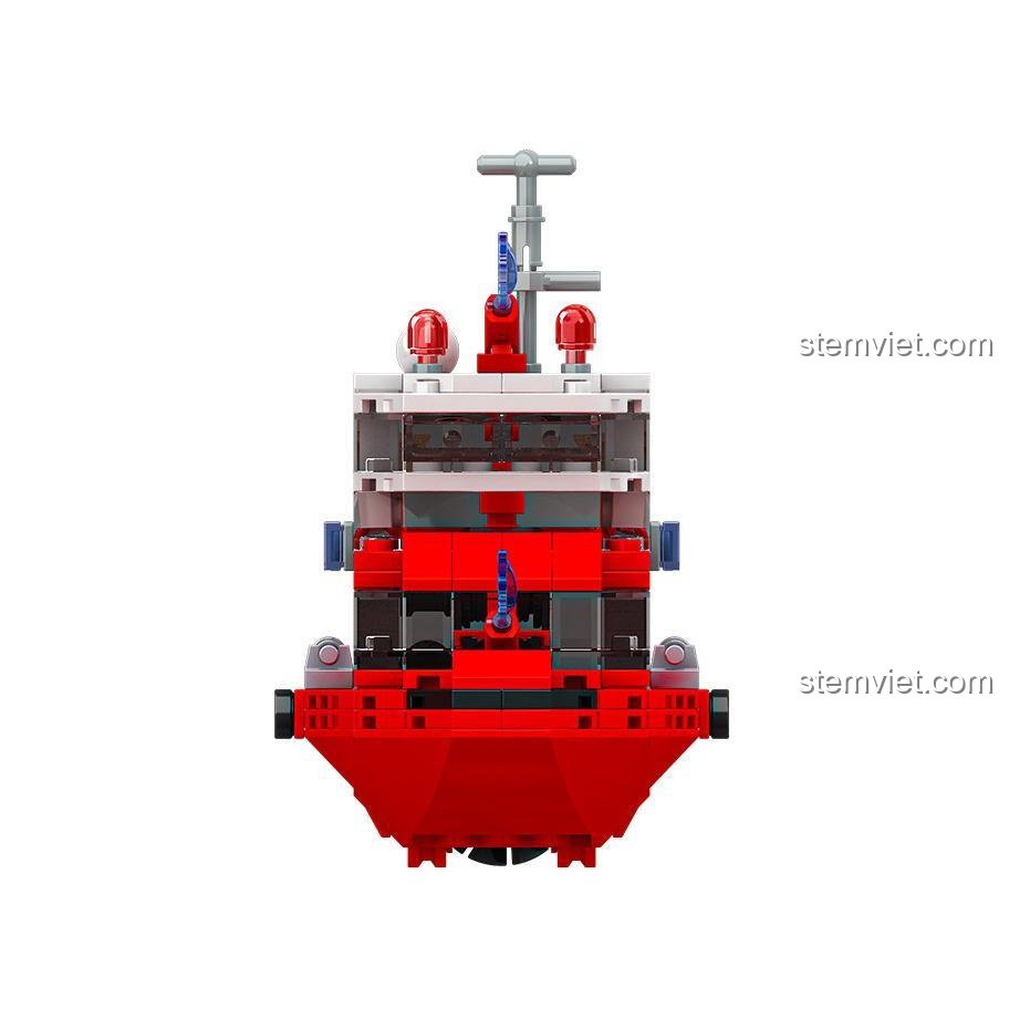 Đồ chơi mô hình Thuyền cứu hỏa JAKI JK9219, bộ đồ chơi Tàu chữa cháy, nhìn từ phía trước, màu đỏ trắng