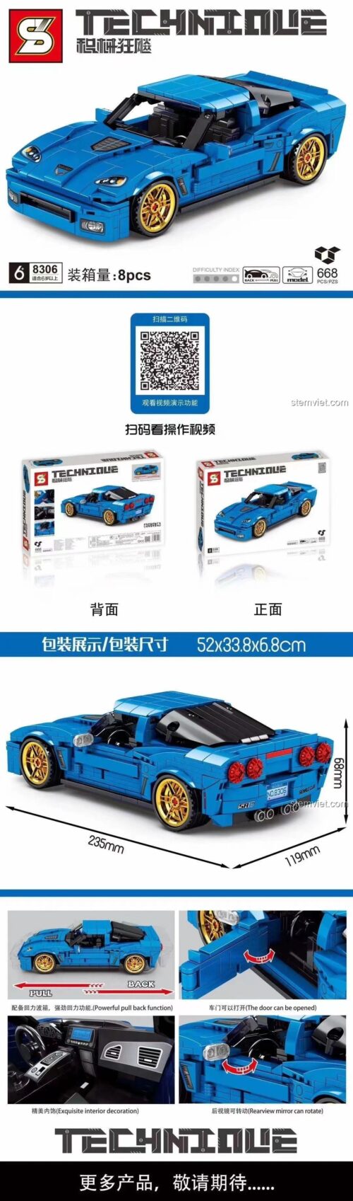 Thông số kỹ thuật bộ lắp ráp Xe Chevrolet Corvette Z06 SY 8306, mô tả tính năng động cơ kéo lùi, cửa mở được, gương xoay, 668 mảnh ghép, phù hợp bé trai 6 tuổi.
