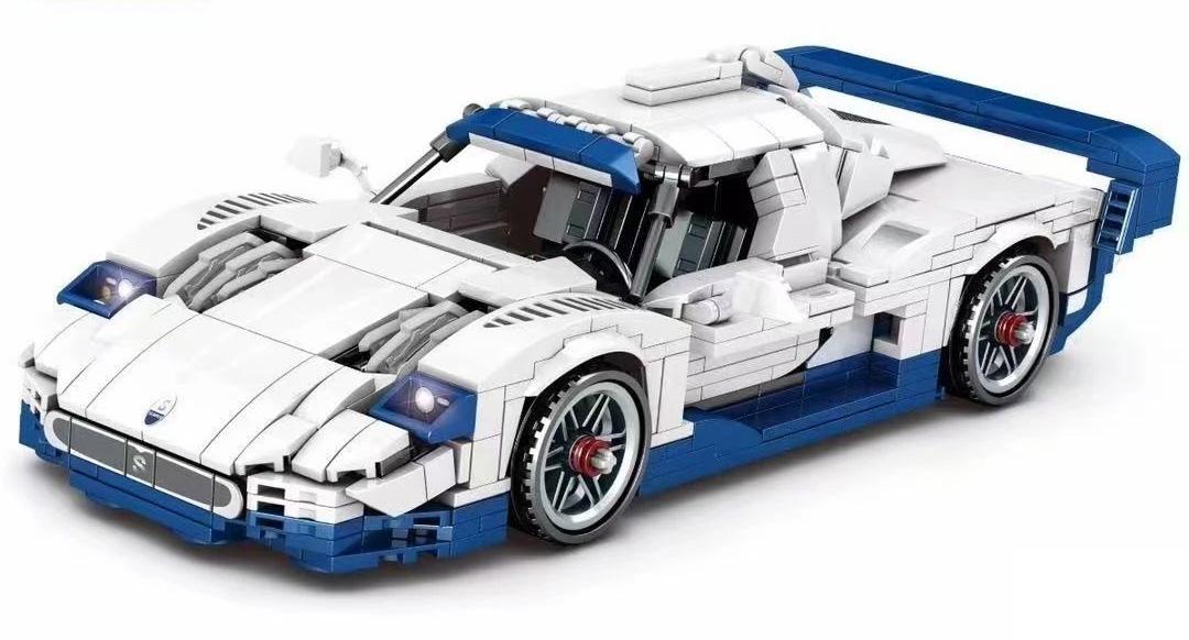 Bộ lắp ráp Maserati MC12 Jia Zhi 8410 màu trắng xanh, mô hình siêu xe Maserati chi tiết cao, đồ chơi mô hình cho bé trai 6 tuổi, giá tốt.