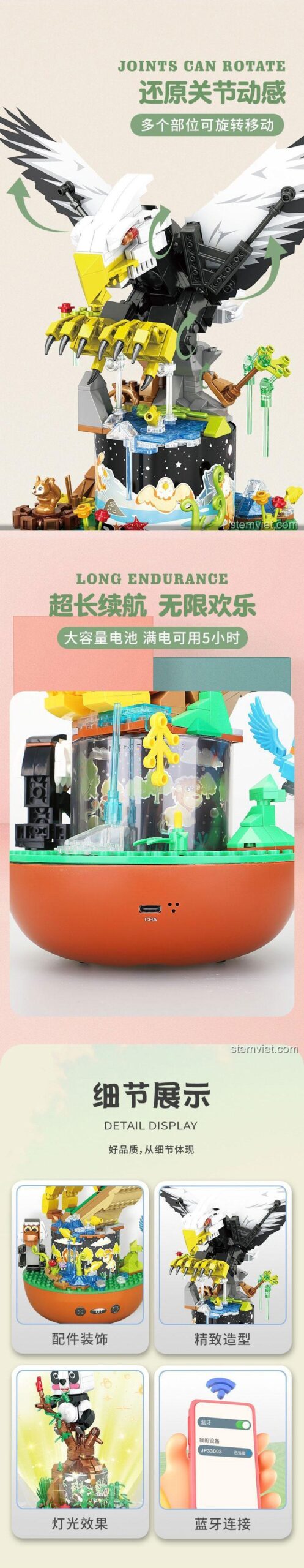 Hướng dẫn kết nối Bluetooth và tính năng đèn chiếu của bộ xếp hình Jianpin 33003, một món đồ chơi công nghệ cao giá rẻ.