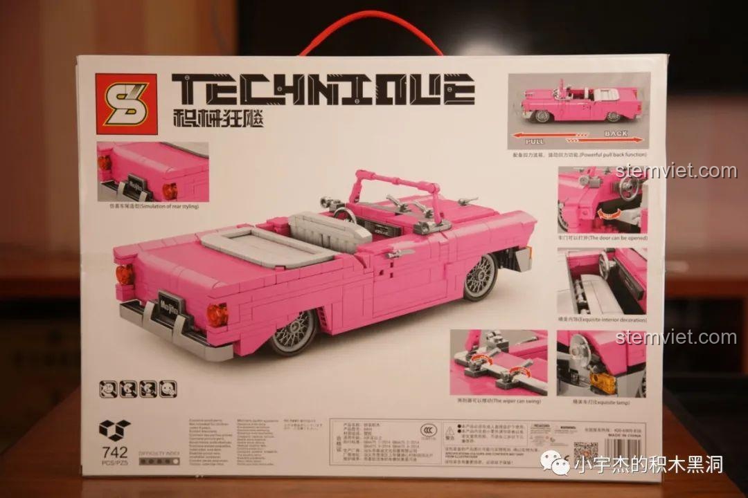 Mặt sau hộp đồ chơi lắp ráp JiaZhi 8404 Xe Chevrolet Mui Trần Hồng Cổ Điển, giới thiệu các tính năng nổi bật của mô hình.