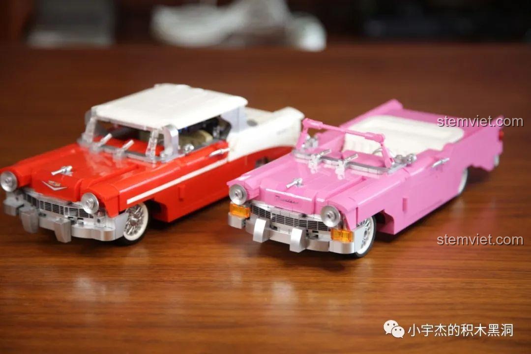 So sánh mặt trước của hai mô hình Chevrolet, phiên bản hồng và đỏ, cho thấy sự giống nhau.