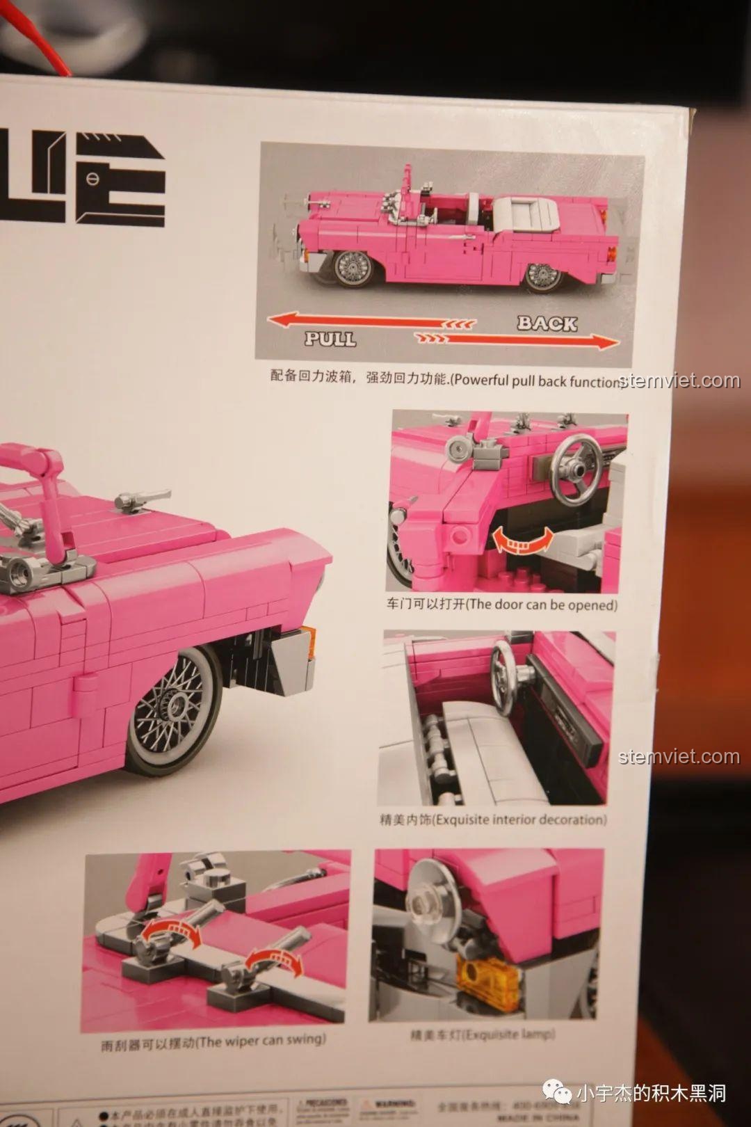 Các tính năng nổi bật của bộ lắp ráp JiaZhi 8404 Xe Chevrolet Mui Trần Hồng Cổ Điển được minh họa rõ ràng trên hộp.