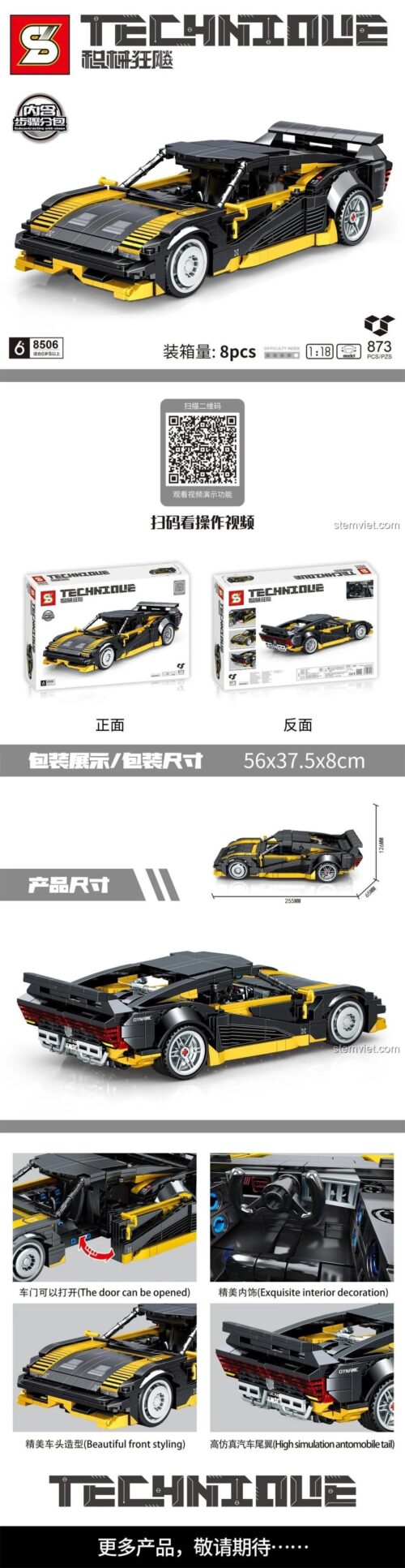 Thông số chi tiết bộ xếp hình Jiazhi 8506. Đồ chơi mô hình Siêu xe thể thao màu đen vàng với động cơ kéo lùi, dành cho bé trai từ 6 tuổi.