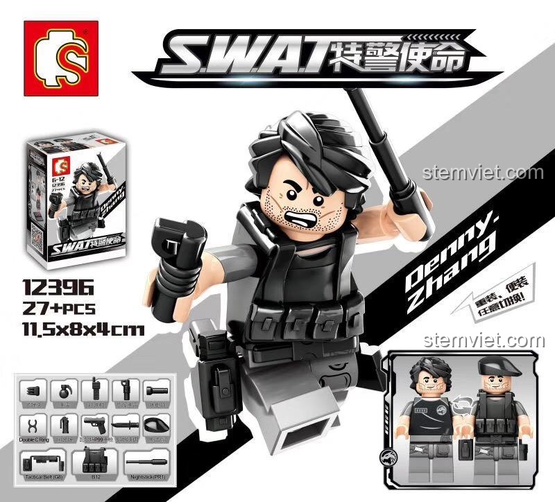 Minifigure Đặc Nhiệm SWAT Denny Zhang 12396 của SY, đồ chơi mô hình lính đặc nhiệm với phụ kiện đa dạng, chất lượng cao cấp cho bé trai 6 tuổi.