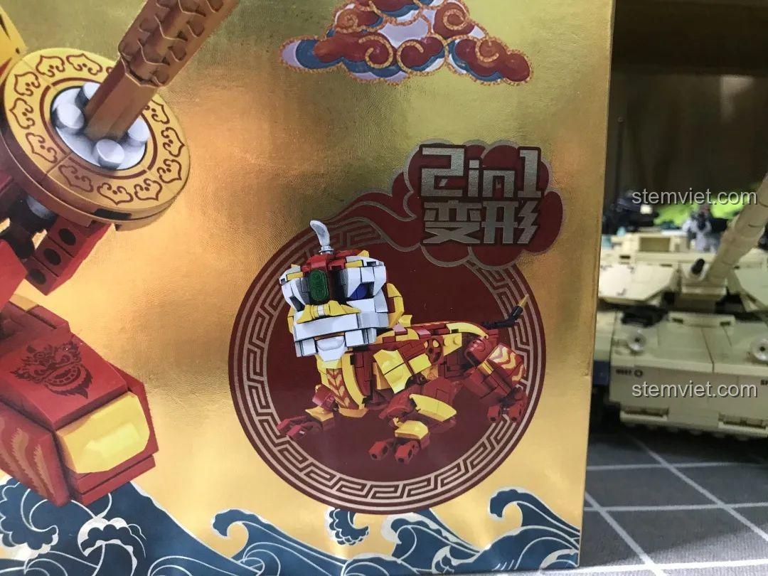 Mặt sau hộp bộ lắp ghép Robot Phong Thủy JIAZHI SY 5500, thể hiện khả năng biến hình 2 trong 1, đồ chơi xây dựng Mech Phong Thủy chất lượng cao.