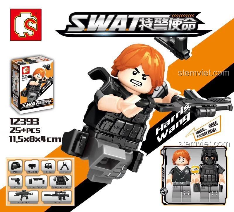 Minifigure SWAT SY Block 12393 với trang bị vũ khí chi tiết, đồ chơi mô hình lính đặc nhiệm cho bé trai 6 tuổi, chất lượng cao.