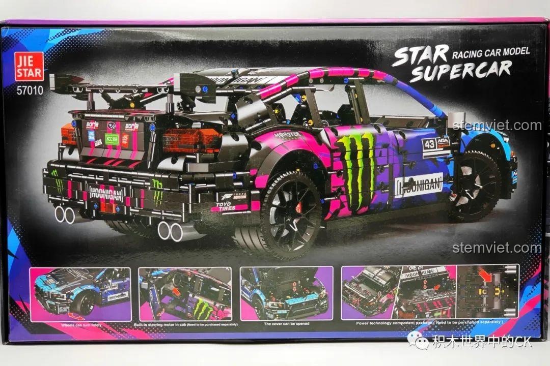 Mặt sau hộp Jie Star 57010 Subaru WRX STI Hoonigan, giới thiệu các chi tiết và tính năng của mô hình.