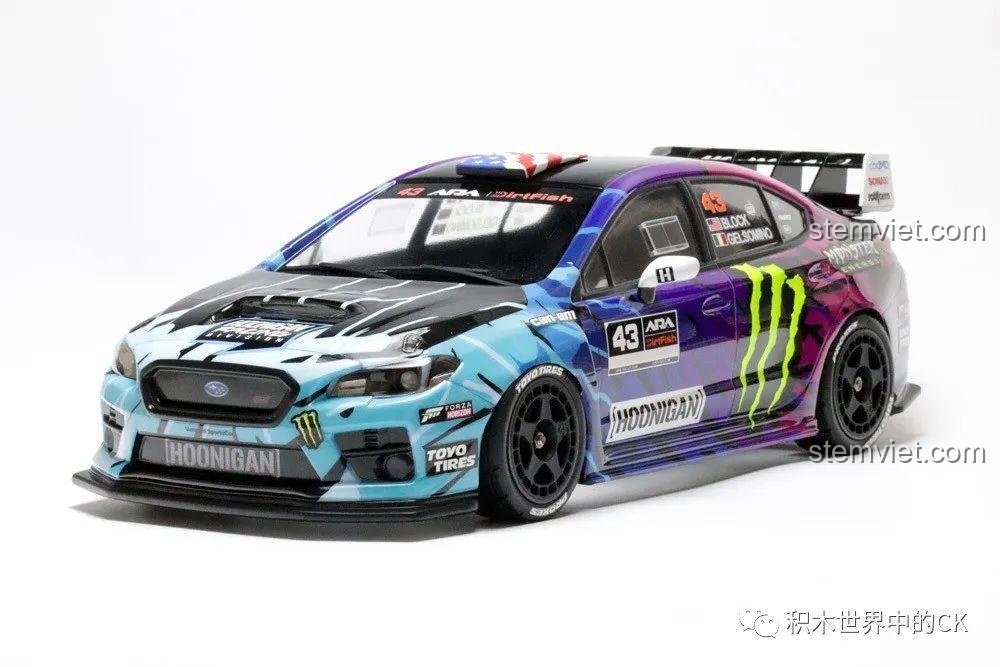 Mô hình xe Subaru WRX STI Hoonigan Jie Star 57010 nhìn từ phía trước, nổi bật với bộ tem "Hoonigan" độc đáo.