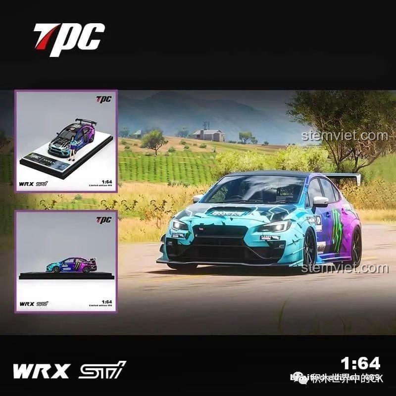 Mô hình xe Subaru WRX STI Hoonigan Jie Star 57010 được đặt trên bệ trưng bày, thể hiện góc nhìn bên.