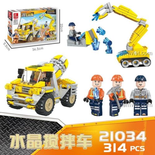 Hộp sản phẩm JIESTAR 21034 Xe Công Trình, bộ lắp ghép Máy Xúc và Xe Trộn Bê Tông, thể hiện kích thước rõ ràng.