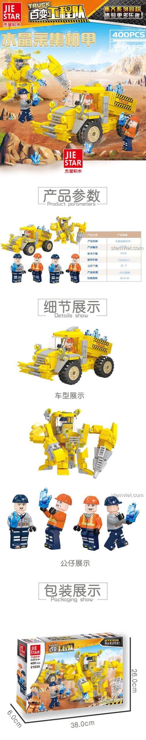 Chi tiết đồ chơi mô hình JIESTAR 21035 Robot Khai Thác Tinh Thể và Xe Tải Khai Khoáng, chất lượng cao, phù hợp bé trai 6 tuổi.