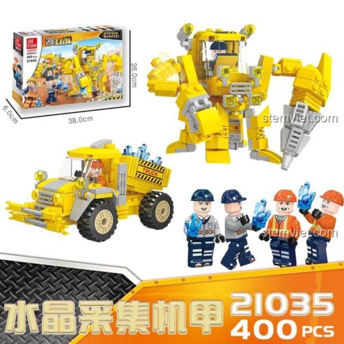 Hộp bộ lắp ghép JIESTAR 21035 Xe Tải Công Trình Biến Hình với kích thước rõ ràng, kèm minifigure công nhân khai thác, giá tốt cho bé trai.