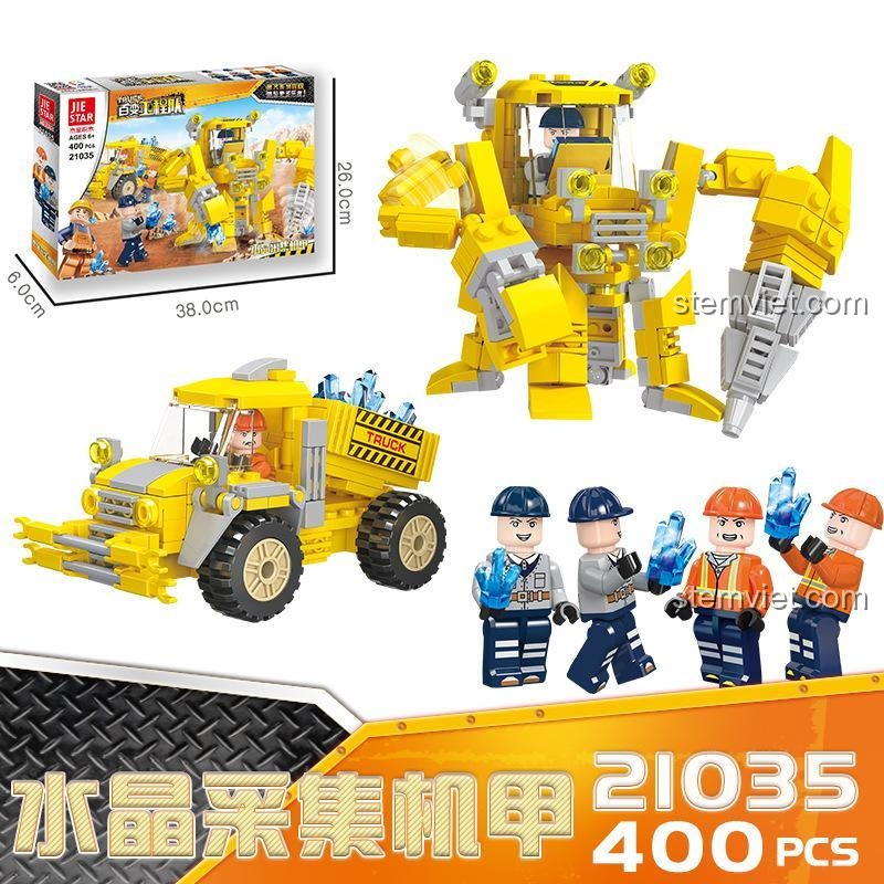 Hộp bộ lắp ghép JIESTAR 21035 Xe Tải Công Trình Biến Hình với kích thước rõ ràng, kèm minifigure công nhân khai thác, giá tốt cho bé trai.