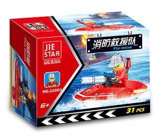 Bộ lắp ghép JIESTAR 22003 Thuyền Cứu Hỏa giá tốt cho bé trai 6 tuổi, mô tả hộp sản phẩm với 31 mảnh ghép chất lượng cao.
