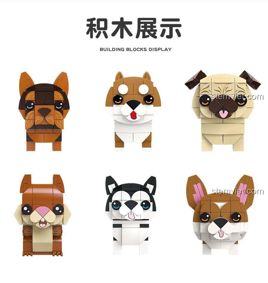 Bộ khối lắp ghép 37300 JIESTAR với các mô hình chó Yorkshire Terrier, Shiba Inu và Pug, màu sắc chủ đạo nâu, kem, đen, trắng, phù hợp cho bé 6 tuổi.