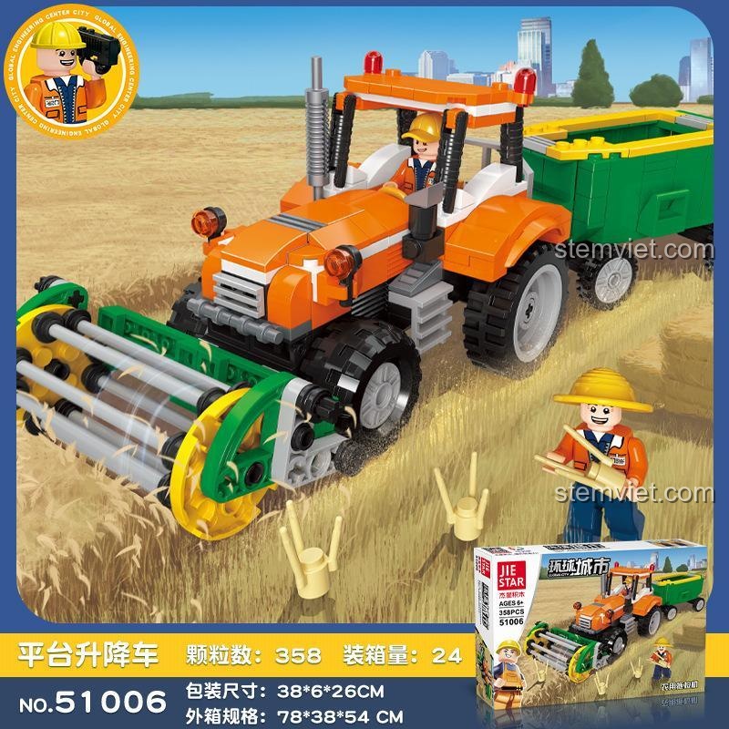 Mô hình hoàn thiện của bộ lắp ghép Máy Kéo Nông Nghiệp JIESTAR 51006, một món đồ chơi mô hình giá rẻ cho bé trai 6 tuổi.