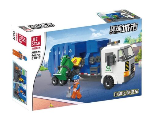 bộ lắp ghép Xe tải rác JIESTAR 51012 hộp sản phẩm chính diện, màu trắng xanh lá, cho bé trai 6 tuổi, giá tốt