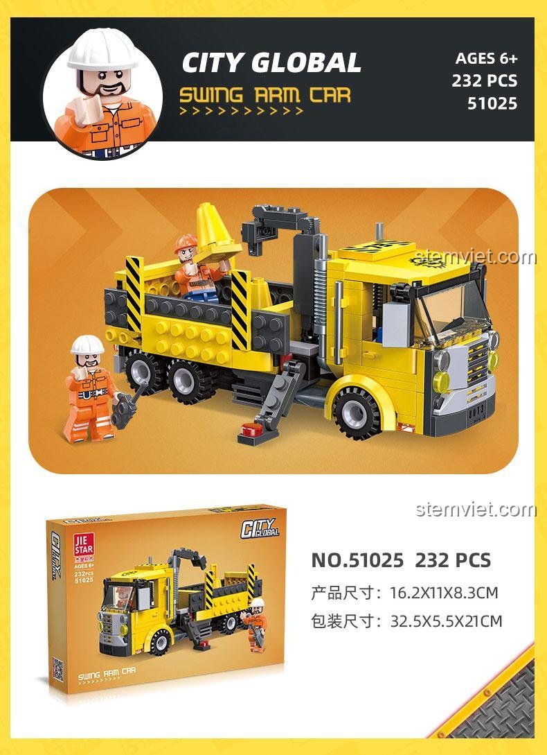 Thông số kỹ thuật của bộ lắp ghép Xe Tải Chở Hàng Có Cần Cẩu 51025. Kích thước mô hình và hộp sản phẩm.