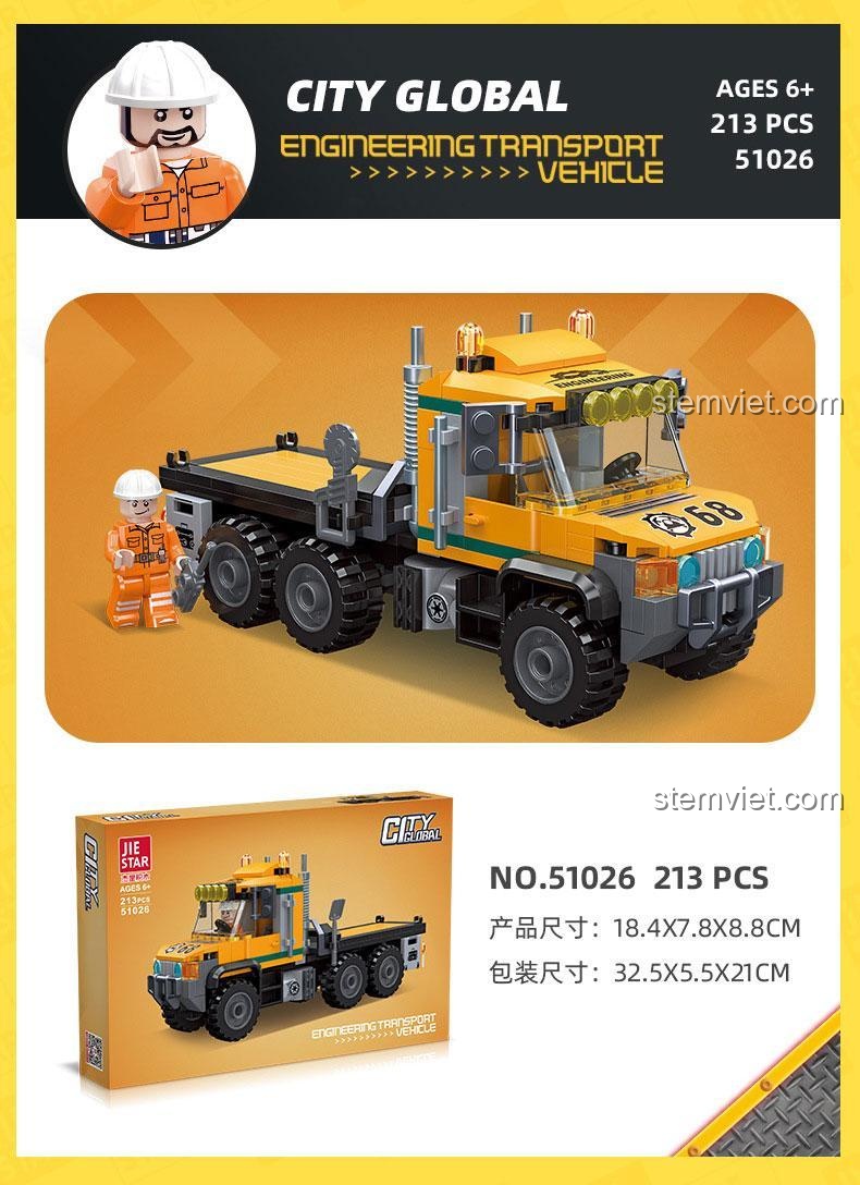 Thông số kỹ thuật bộ xếp hình xe tải chở hàng công trường JIESTAR 51026 với 213 chi tiết.