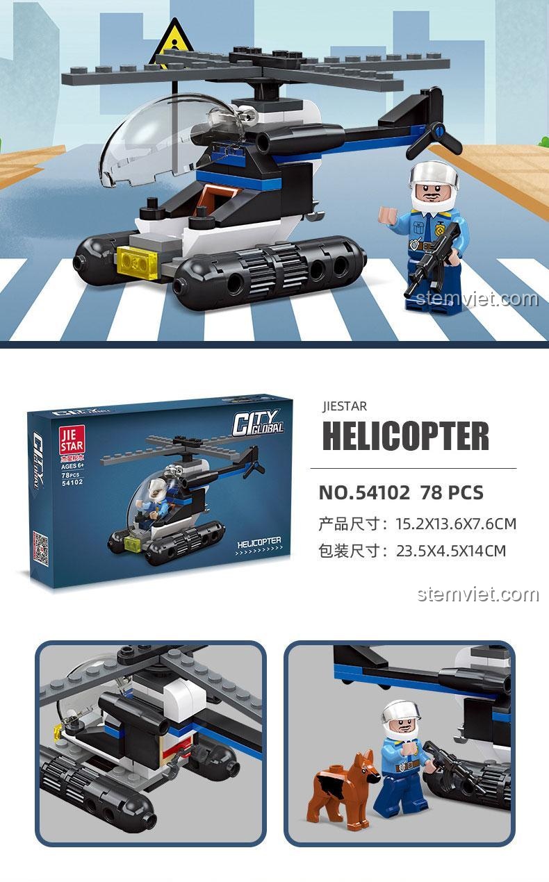 Bộ xếp hình Trực Thăng Tuần Tra JIESTAR 54102, đồ chơi mô hình cảnh sát với minifigure phi công và chó cảnh sát, cho bé trai 6 tuổi