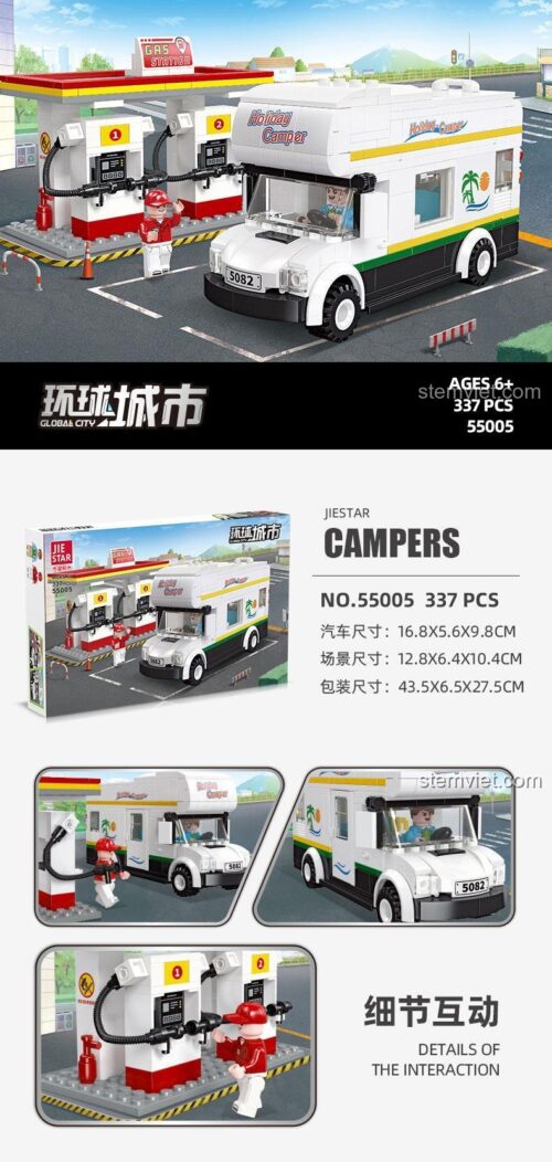 Mô hình JIESTAR 55005 Xe Cắm Trại Thành Phố Toàn Cầu với các chi tiết tương tác, bộ lắp ghép cho bé trai, giúp phát triển tư duy sáng tạo