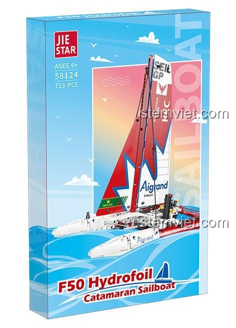 Hộp sản phẩm bộ xếp hình JIESTAR 58124 Thuyền buồm Catamaran F50, với 733 chi tiết, món quà sáng tạo cho con trai.