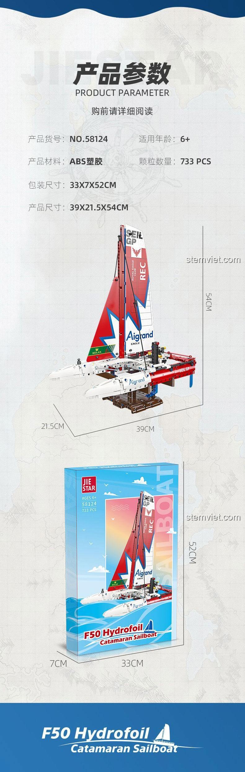 Thông số và kích thước chi tiết của mô hình JIESTAR 58124 Thuyền Buồm Hai Thân Cánh Ngầm F50, cao 54cm, dài 39cm.