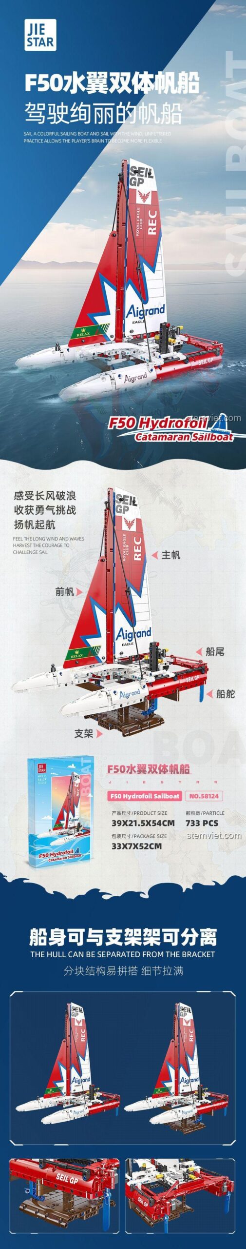 Poster quảng cáo đồ chơi lắp ghép Thuyền đua hai thân F50 58124, thể hiện các chi tiết và tính năng của mô hình.