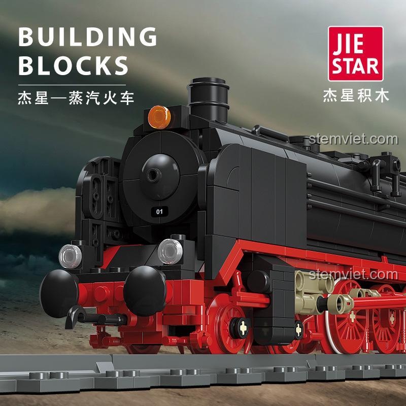 JIESTAR 59004 Đầu Máy Hơi Nước BR01, đồ chơi mô hình xe lửa hơi nước BR01, bộ xếp hình tàu hỏa cổ điển, chi tiết bánh xe đỏ nổi bật, phù hợp bé trai 6 tuổi.