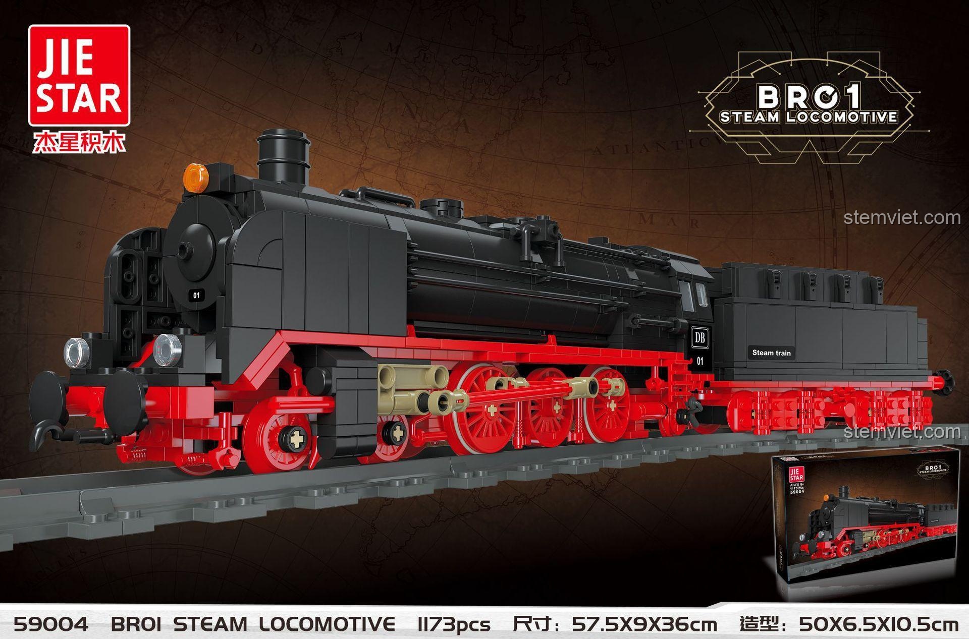 JIESTAR 59004 Đầu Máy Hơi Nước BR01, bộ lắp ghép Đầu Máy Hơi Nước BR01, hộp sản phẩm và thông số kỹ thuật, 1173 chi tiết, mô hình tàu hỏa cổ điển, giá tốt.