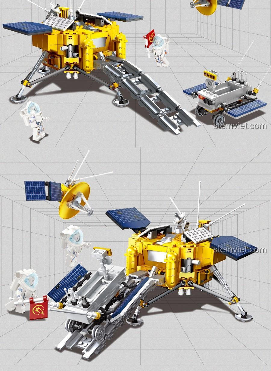 Cảnh tương tác đổ bộ thành công của JIESTAR 59012 Tàu Thám Hiểm Mặt Trăng, xe thám hiểm xuất phát, đồ chơi giáo dục cho bé