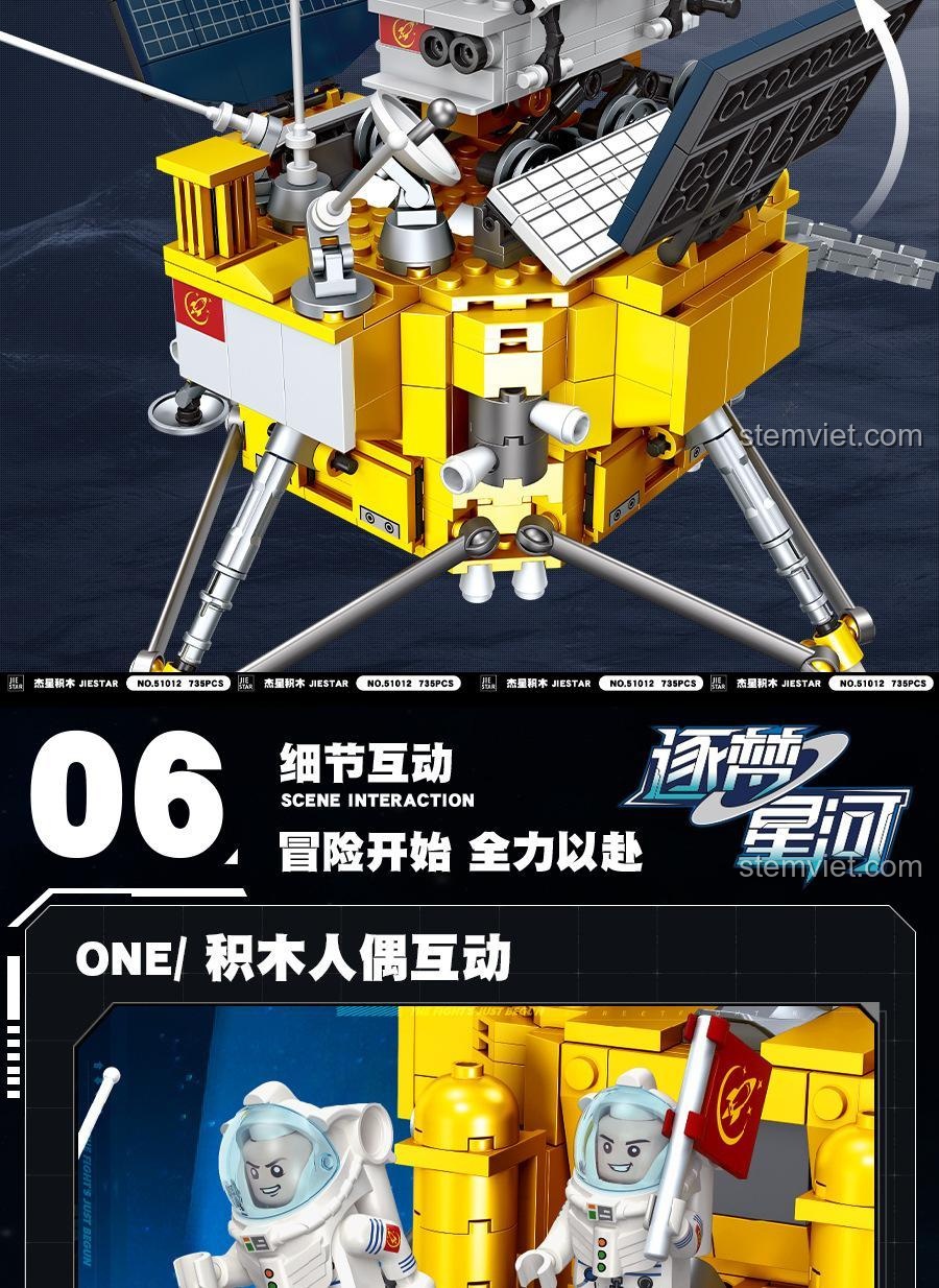 Giới thiệu chi tiết các khối lắp ghép JIESTAR 59012 Tàu Thám Hiểm Mặt Trăng, bao gồm vệ tinh, tấm pin mặt trời, radar mini, ăng ten