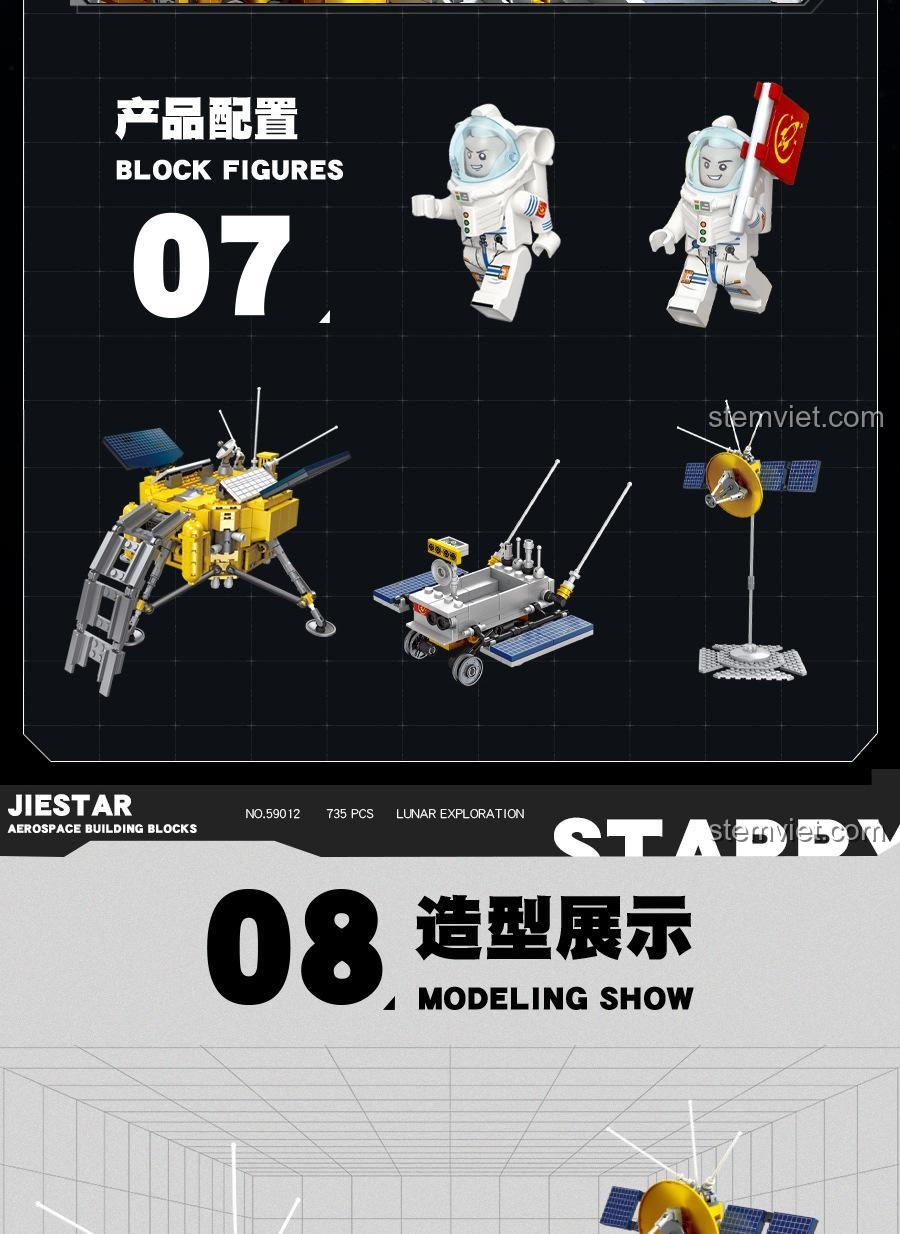 Cấu trúc đa dạng của bộ lắp ráp JIESTAR 59012 Tàu Thám Hiểm Mặt Trăng, mô hình có xe thám hiểm và thang di động, tăng cường tương tác
