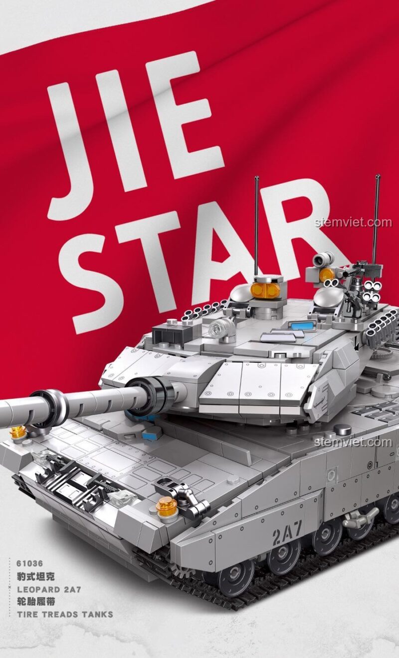 Hộp sản phẩm bộ lắp ráp JIESTAR 61036 Xe tăng Leopard 2A7, hiển thị tên hãng, mã số, tên sản phẩm và số lượng 1498 chi tiết, dành cho bé trai 6 tuổi.
