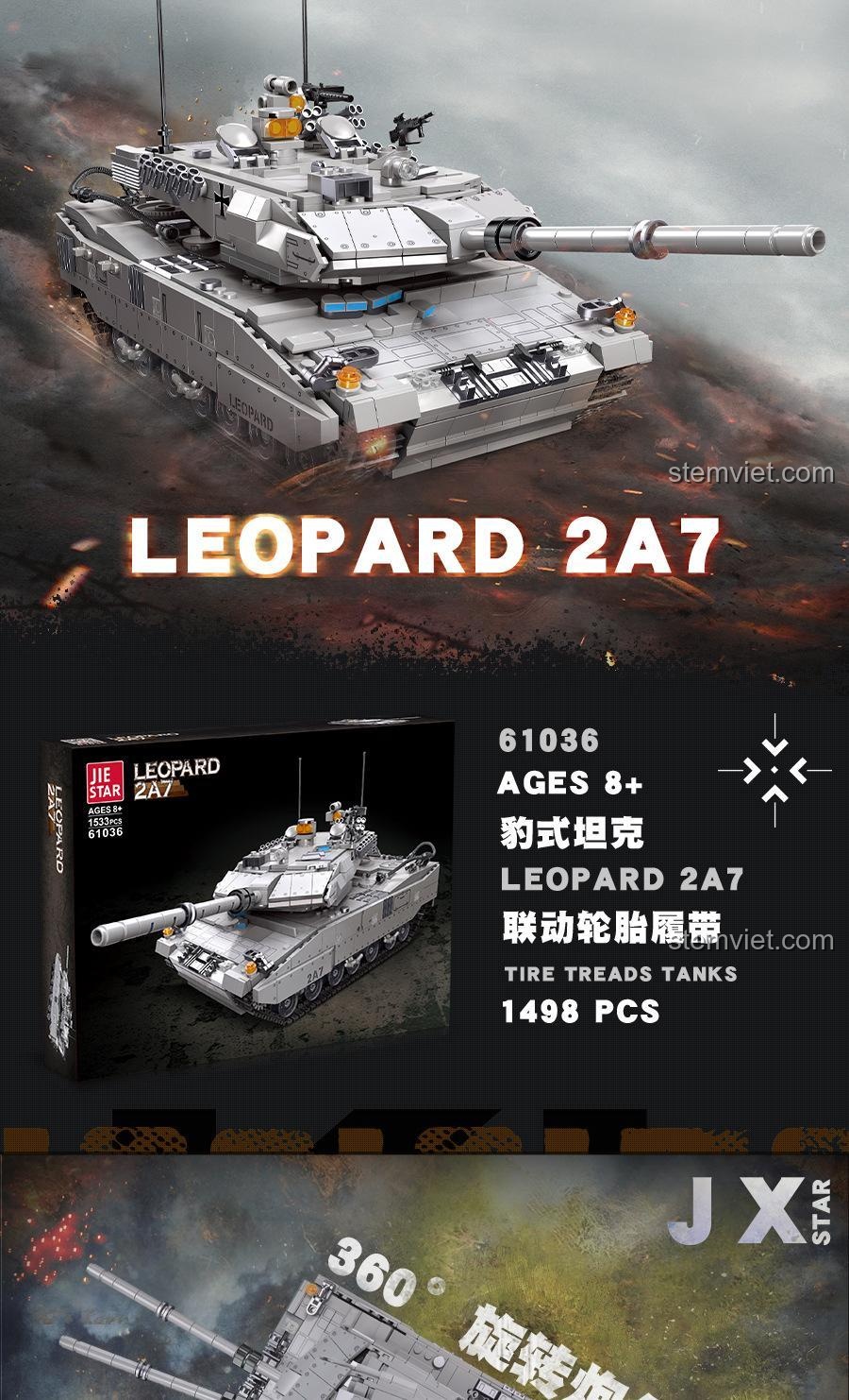 Hộp sản phẩm bộ lắp ráp JIESTAR 61036 Xe tăng Leopard 2A7, hiển thị thông tin Ages 8+, 1498 PCS, phù hợp làm quà tặng cho bé trai.