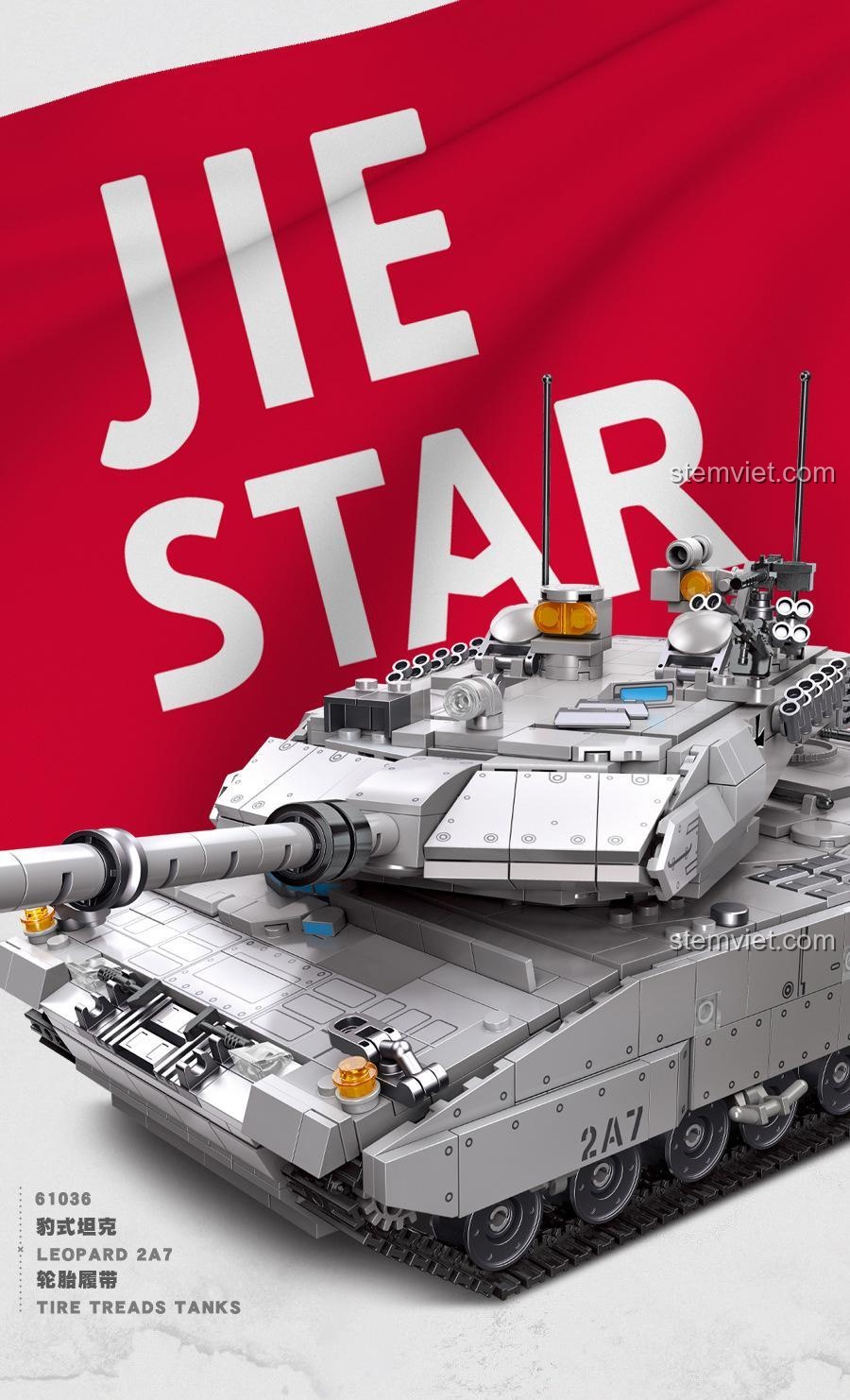 Hộp sản phẩm bộ lắp ráp JIESTAR 61036 Xe tăng Leopard 2A7, hiển thị tên hãng, mã số, tên sản phẩm và số lượng 1498 chi tiết, dành cho bé trai 6 tuổi.