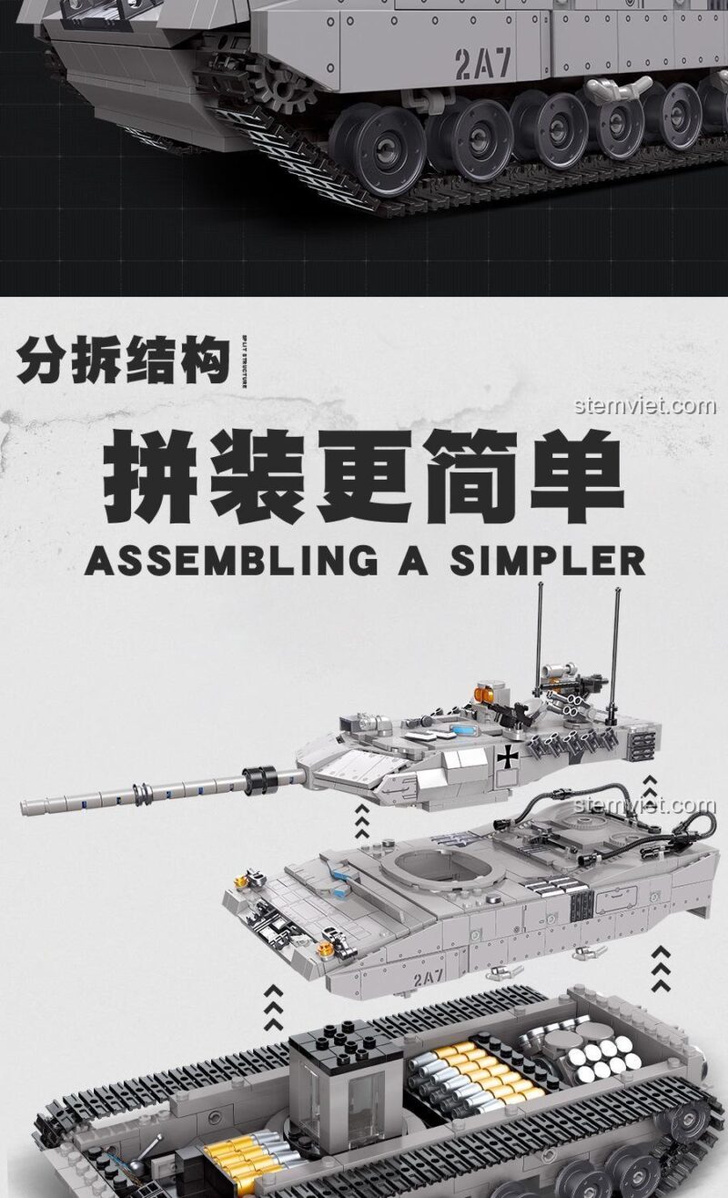 Đồ chơi lắp ghép Xe tăng Đức JIESTAR 61036 với hệ thống bánh xích liên kết, tháp pháo xoay tương tác và nòng pháo hoạt động, mang lại trải nghiệm chân thực cho bé trai 6 tuổi.